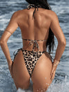 ZASUWA Female Unique Halter Contrast Color Leopard Print Beach Lace-up Bikini Set