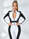 "SciFi Heroine" Contrast Color PU Zipper Short Romper