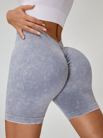 ZASUWA Female Deep V Back Faux Denim Scrunch Bum Spandex Gym Booty Shorts