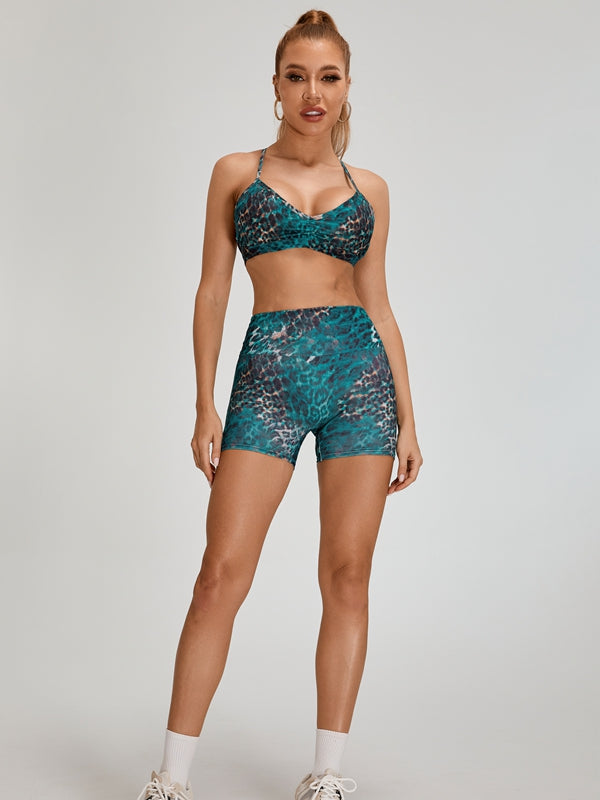 Leopard Print Scrunch Bum Cross Back Kurzer Trainingsanzug