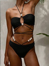 ZASUWA Female Solid Color Pearl Lace-up Hollow Out 3-Pieces Mesh Bikini Set