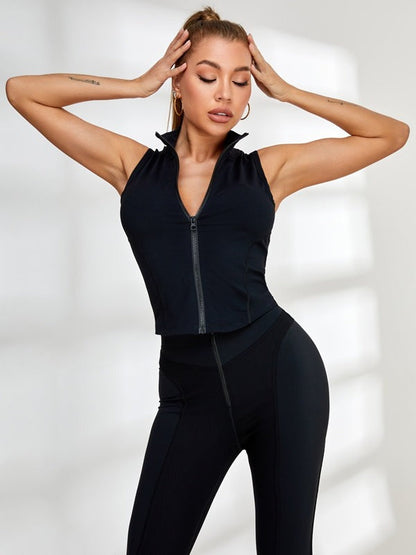 Solid Color Stand Collar Zipper Ribbed Tracksuit