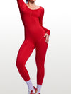 ZASUWA Female Red Backless Ribbed Deep V Back Long Sleeves Jumpsuit