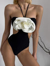 ZASUWA Female Contrast Color Halter Hollow Out Flower One Piece