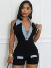 ZASUWA Female Stand Up Collar Contrast Color with Metal Buttons Backless Romper