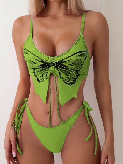 Bikini-Set mit Schmetterlings-Print, Cut-Outs, Bindedetail vorne und Tunnelzug