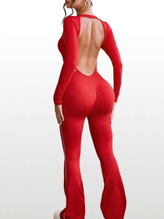 ZASUWA Female Backless Ribbed Scrunch Bum Long Sleeves Flared Jumpsuit