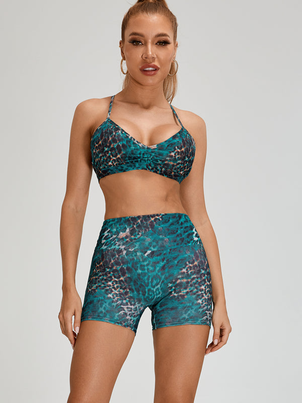Leopard Print Scrunch Bum Cross Back Kurzer Trainingsanzug