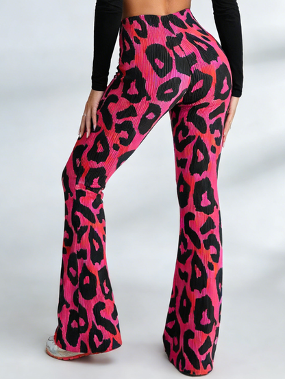 V-shaped Waist Contrast Color Leopard Print Flare Leggings