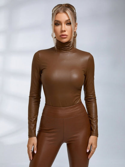 Sexy Glossy PU Faux Leather Long Sleeves