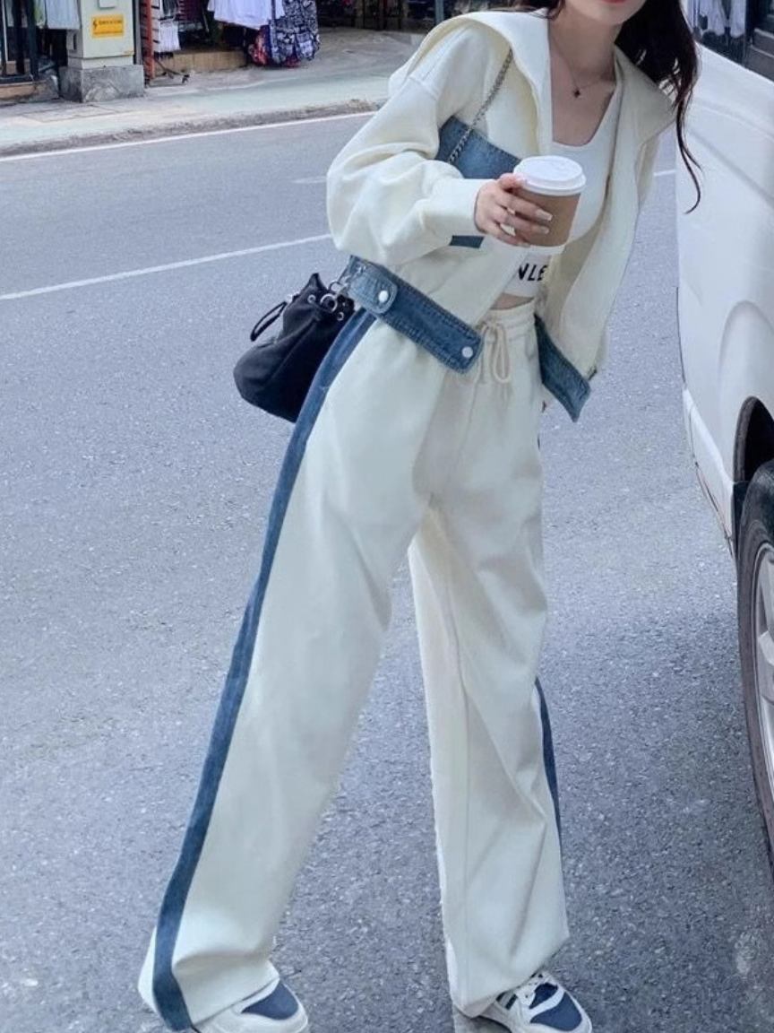 Sexy Denim Contrast Color Pocket Casual Tracksuit