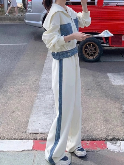 Sexy Denim Contrast Color Pocket Casual Tracksuit