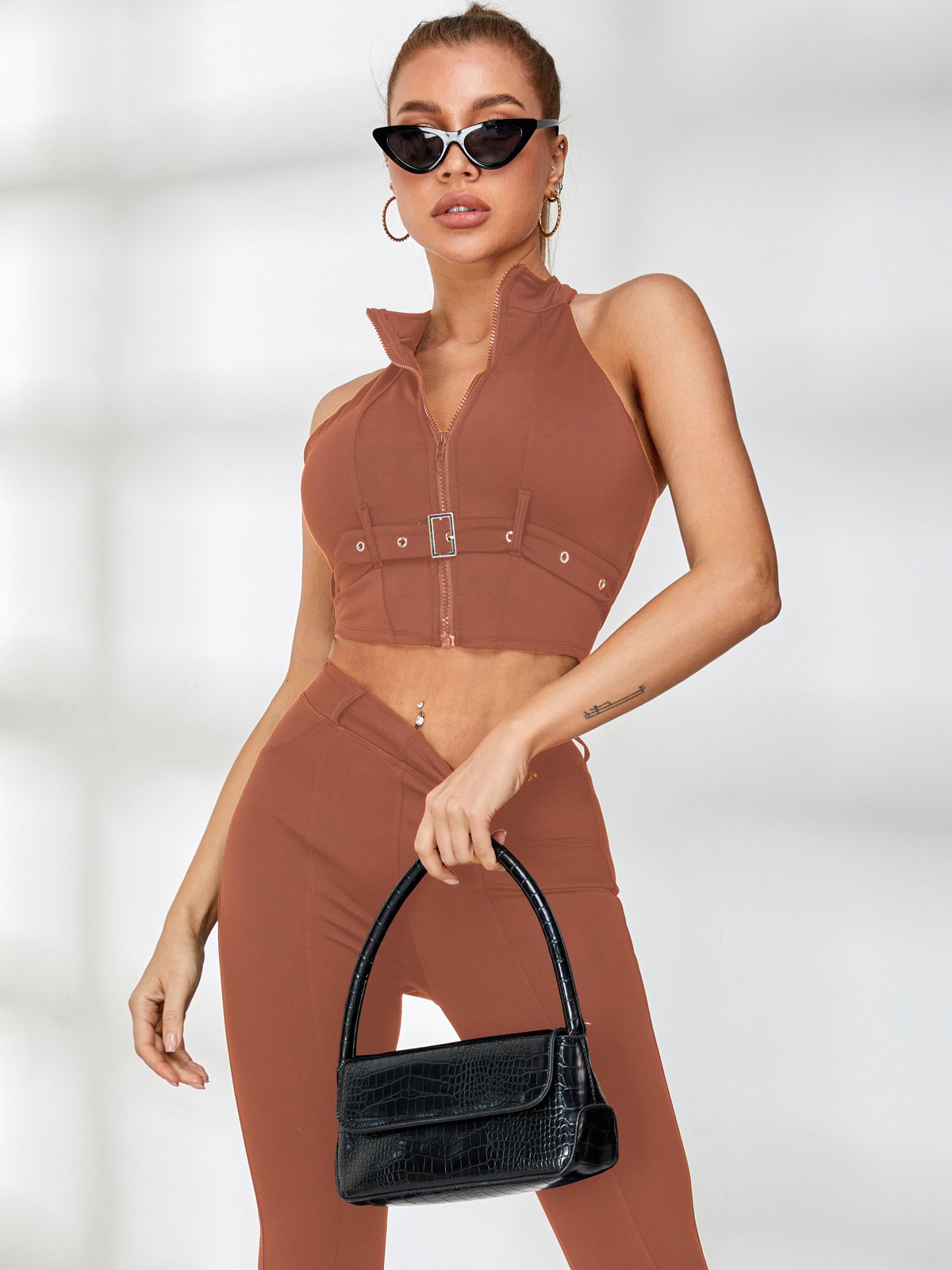 Zipper Button Fake Pocket Sassy Tracksuit