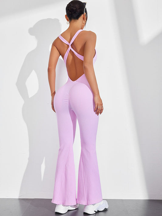 ZASUWA Female Cross Back Scrunch Bum Flare Ribbed Jumpsuit