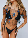 ZASUWA Female Sexy Mesh Butterfly Print 3 Pieces Lace-up Bikini Set