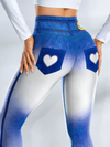 Ombre Faux Denim Pocket Heart Print Leggings