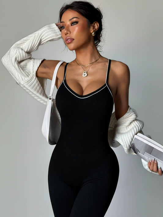 ZASUWA Female Sexy Cross Back Contrast Color Elastic Tight Quick Dry Jumpsuit