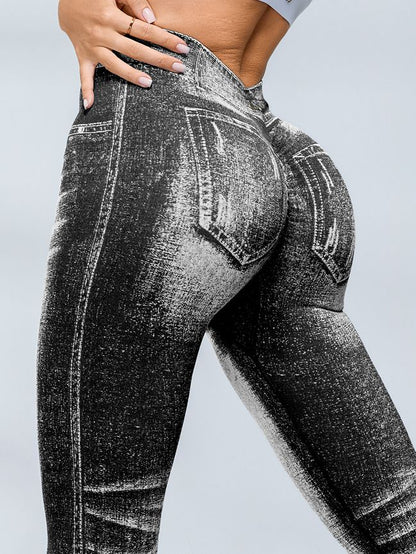 Deep V Back Denim Scrunch Bum Leggings
