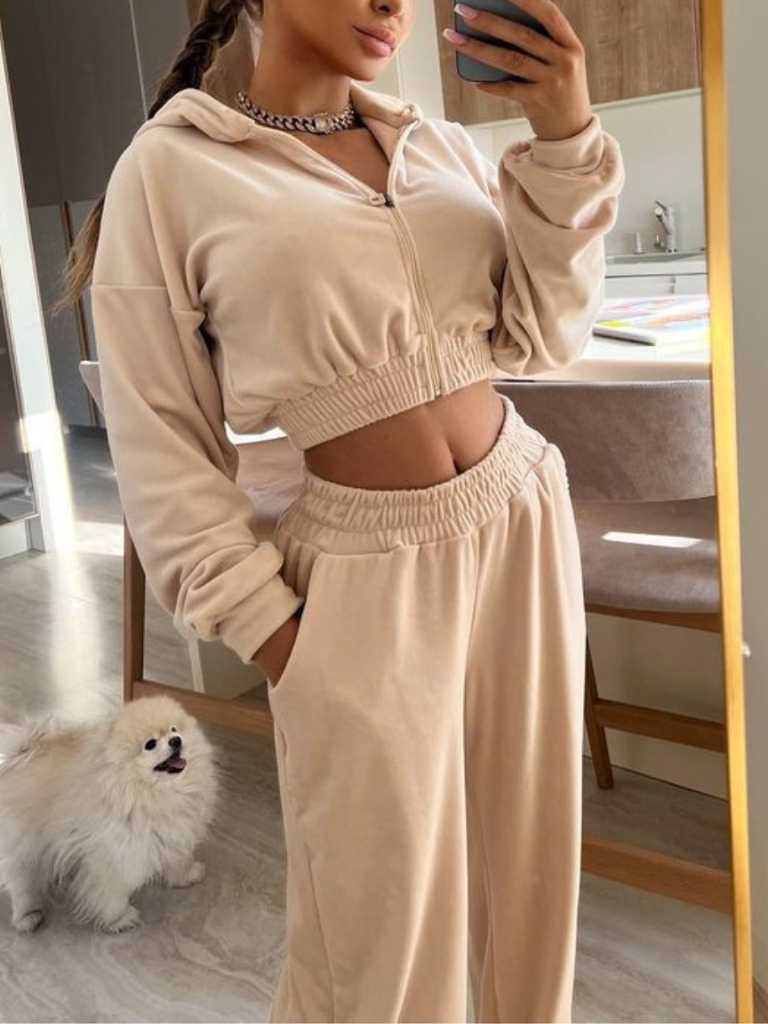 Velvet Zipper Pocket Hooded Casual Cropped Tracksuit