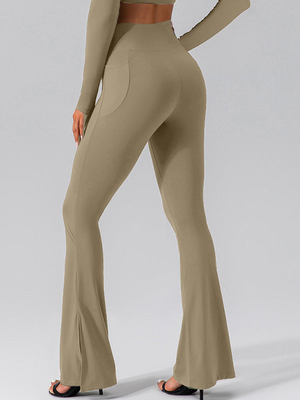 V-shape Waist Pocket Solid Color Split High-waisted Flare Pants