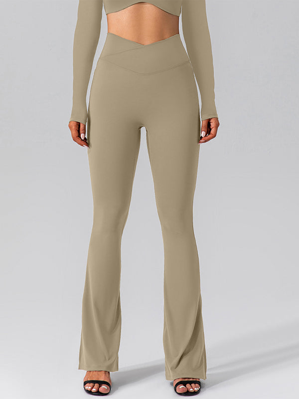 V-shape Waist Pocket Solid Color Split High-waisted Flare Pants
