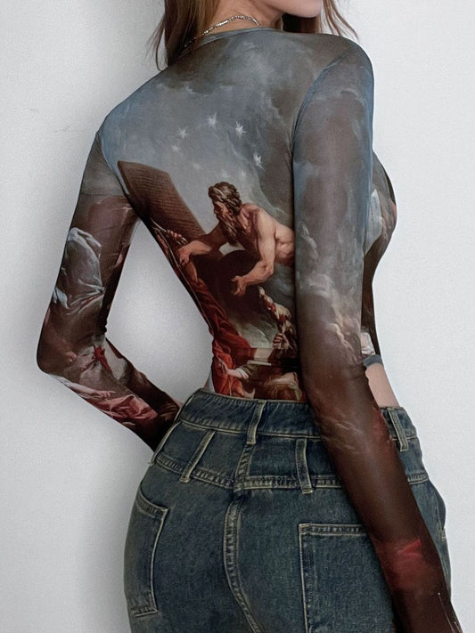 ZASUWA Female Hot Tie-dye Print Sexy Sheer Mesh Bodysuit