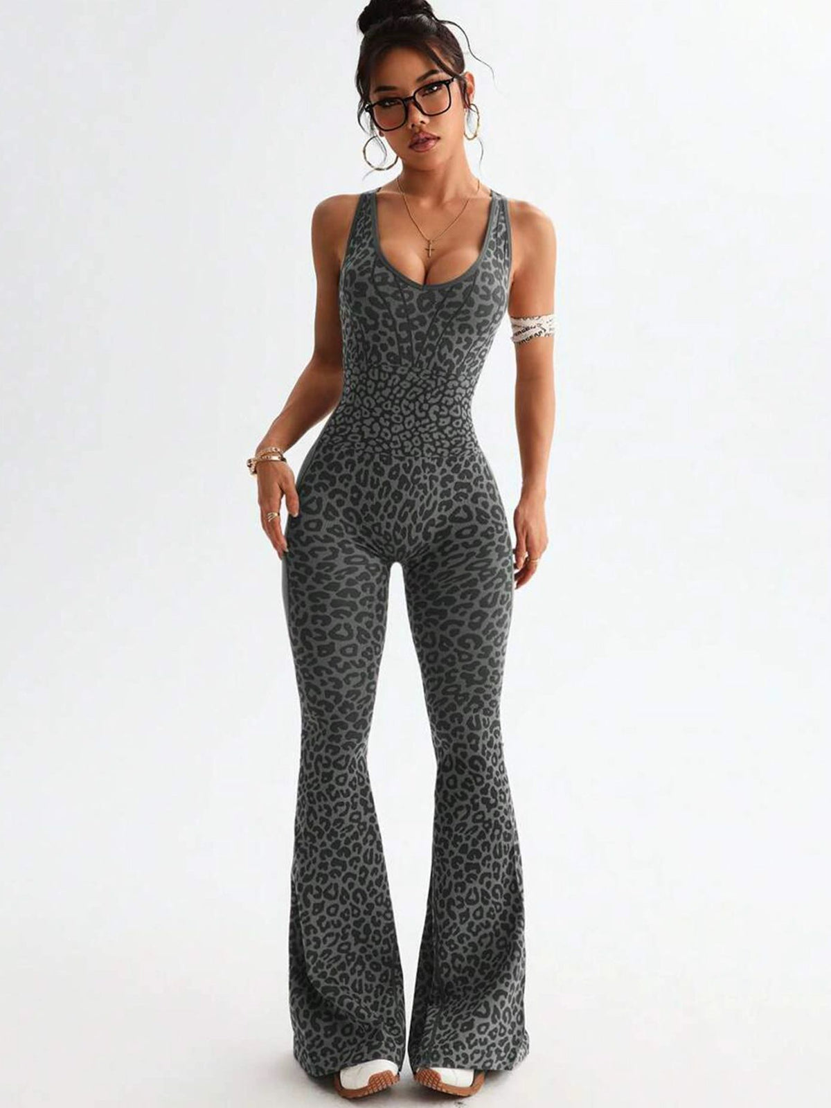 Sexy Leopard Print Hollow Out Cross Back Deep V Back Jumpsuit