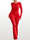 ZASUWA Female Backless Ribbed Scrunch Bum Long Sleeves Flared Jumpsuit