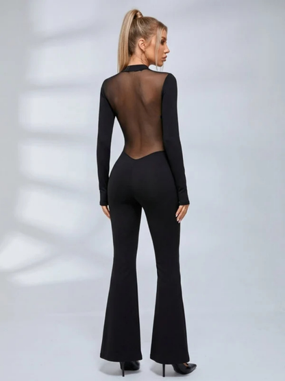Mesh Deep Backless Long Sleeve Slim Flare Jumpsuit