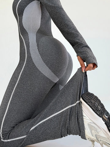 ZASUWA Female Contrast Color Stripes Zipper Peach Booty Jumpsuit