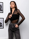 ZASUWA Female Zipper-Accent Sexy Sheer Mesh Long-Sleeve Bodysuit