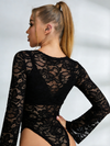 Sexy Round Neck Long Sleeves Flare Lace Bodysuit