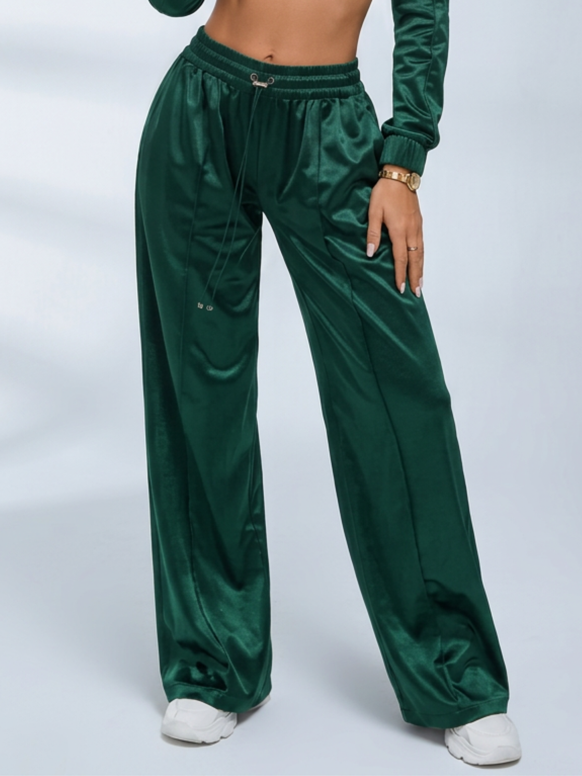 Satin Zip‑Up Cropped Jacket & Wide Leg Pants 2‑Piece Set
