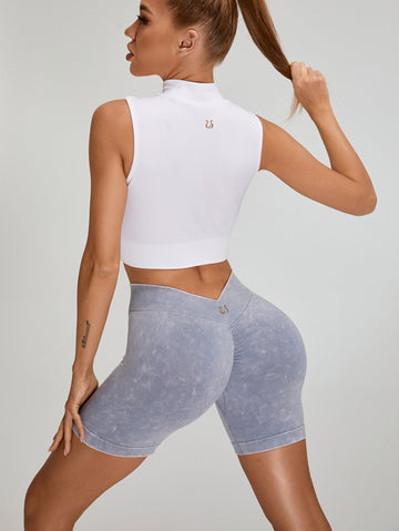 ZASUWA Female Deep V Back Faux Denim Scrunch Bum Ribbed Zipper Short Tacksuit