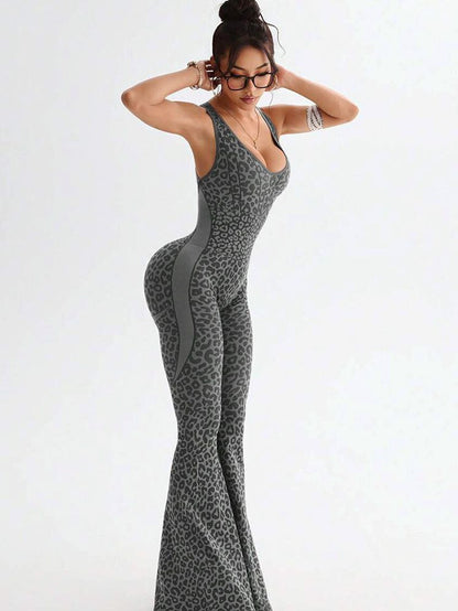 Sexy Leopard Print Hollow Out Cross Back Deep V Back Jumpsuit