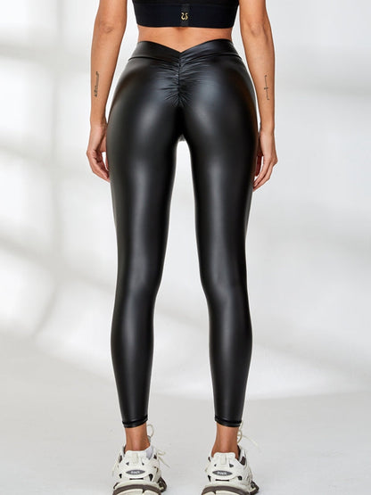 Faux Leather Deep V Back Scrunch Bum Leggings