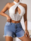 ZASUWA Female Sexy Mesh Hollow Out Halter Lace-up Tanks