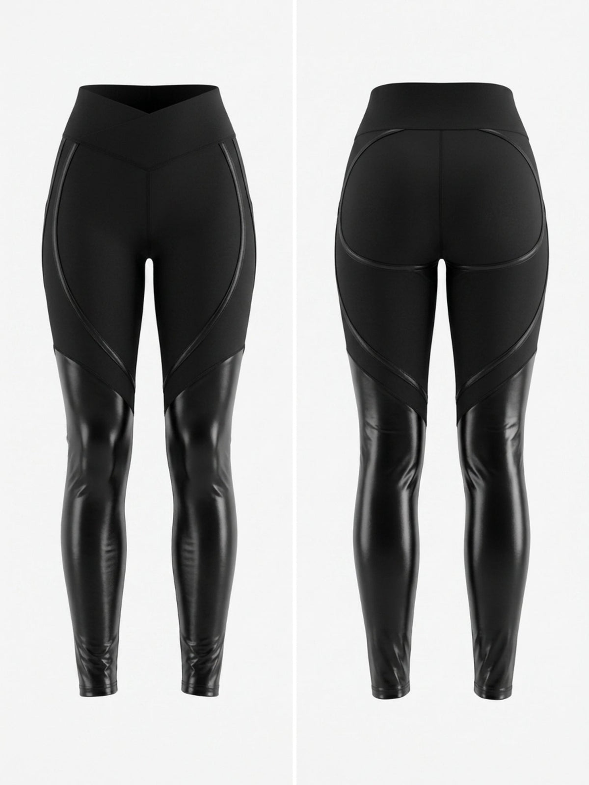 V‑Waist Faux Leather Patchwork High Waist Leggings