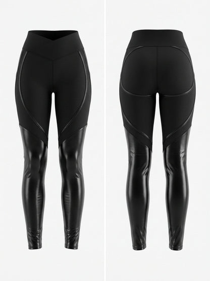V‑Waist Faux Leather Patchwork High Waist Leggings
