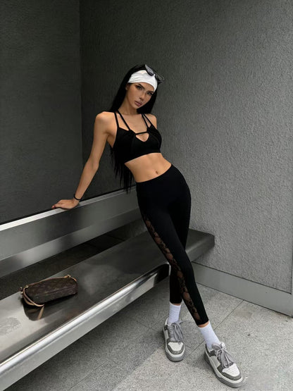 Women's High-Waisted Lace Panel Active Leggings with Pockets