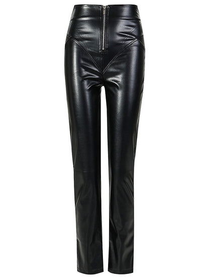 High-Waist Liquid Leather Front Zip Slim Fit Pants