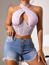 ZASUWA Female Sexy Mesh Hollow Out Halter Lace-up Tanks