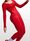 ZASUWA Female Red Backless Ribbed Deep V Back Long Sleeves Jumpsuit