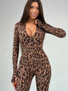 ZASUWA Female Sexy Leopard Zipper Thumbhole Hip-lift Jumpsuit