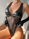 ZASUWA Female Glossy Faux Leahter Sheer Mesh Bodysuit