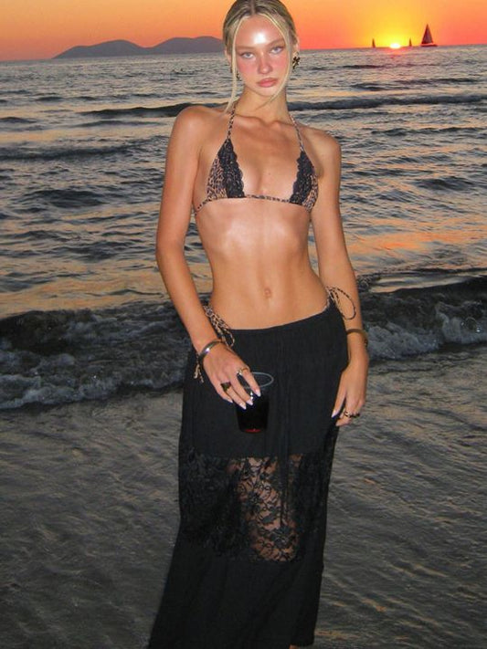 ZASUWA Female Sexy Leopard Print Lace 3-Pieces Bikini Set