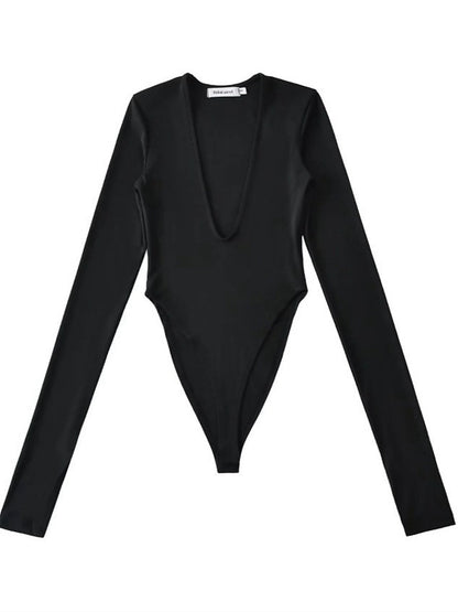 Lace Trim Deep U-Neck Cutout Long Sleeve Bodysuit