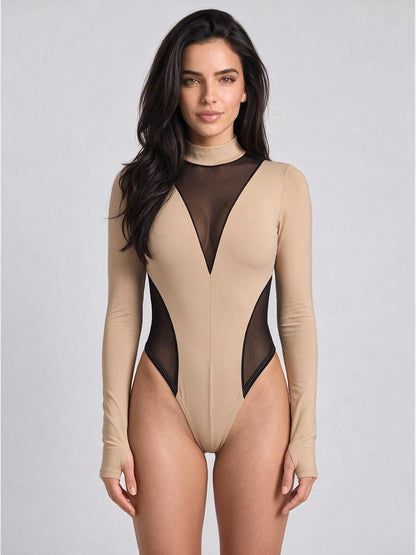 Mesh Panel Long Sleeve High-Cut Bodysuit