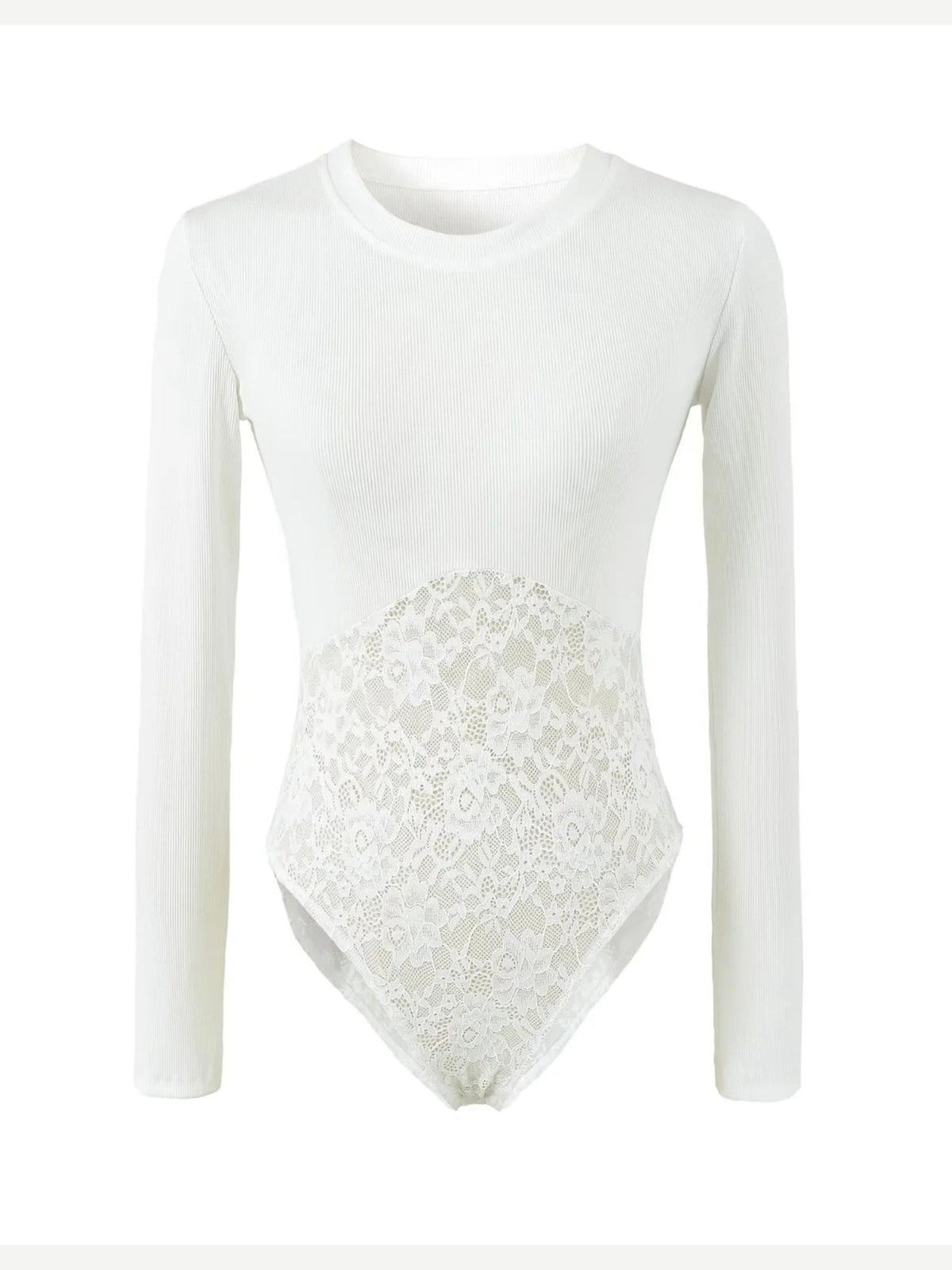 Women's Ribbed Long Sleeve Lace Panel Bodysuit