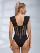 Deep V-Neck Lace Bodysuit with Padded Shoulders